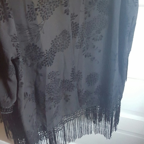 My Michelle Jackets & Blazers - Black Velvet Burnout Fringe Kimono
